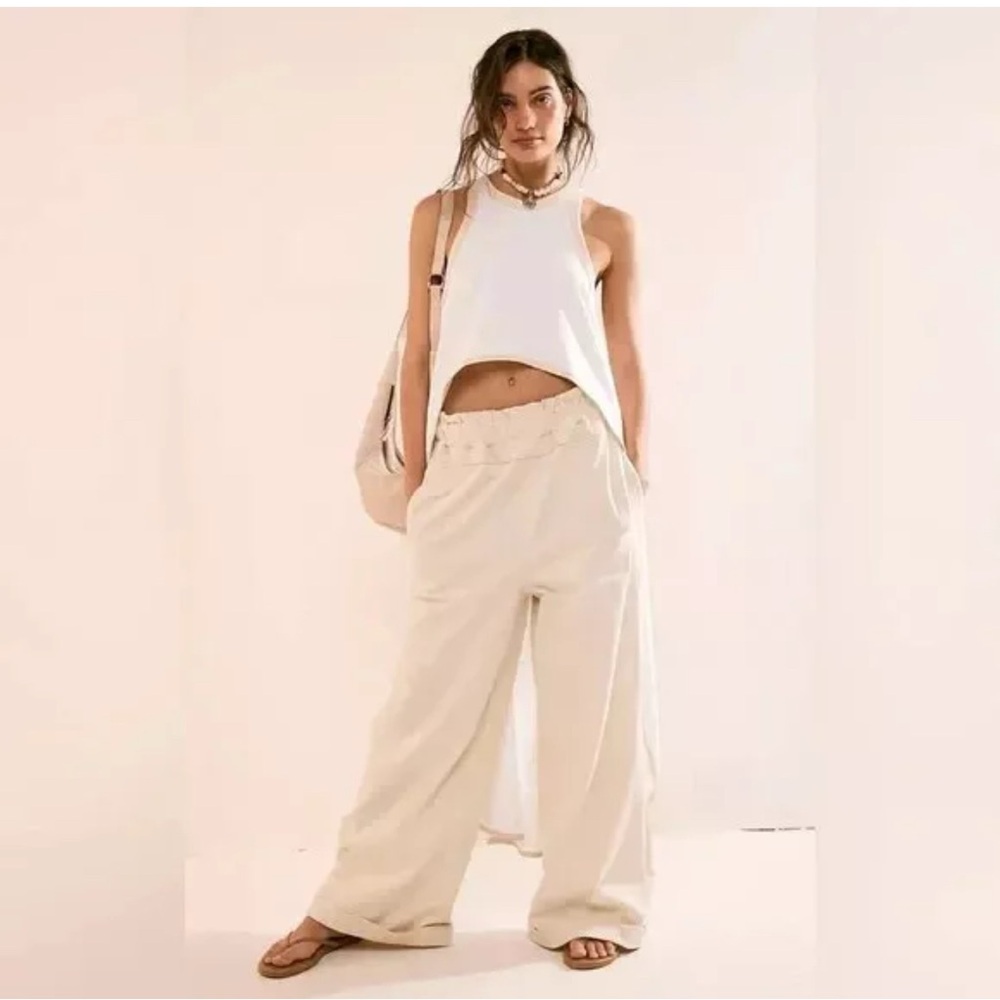 Free People Beach Palma Wideleg Pullon Pants NWOT Size L Color Sand Pearl